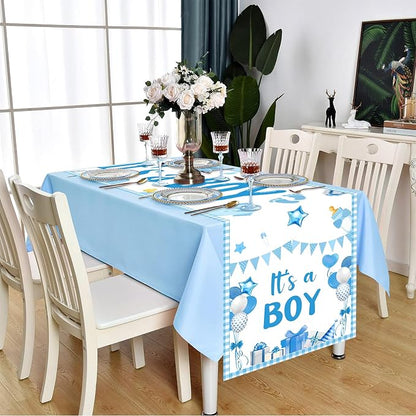 It’s A Boy Theme Table Runner, Blue Linen Fabric Table Runner for Everyday Use 72 x 13 Inches, Washable Table Cover for Baby Shower Indoor Outdoor Kitchen Dining Table Decorations