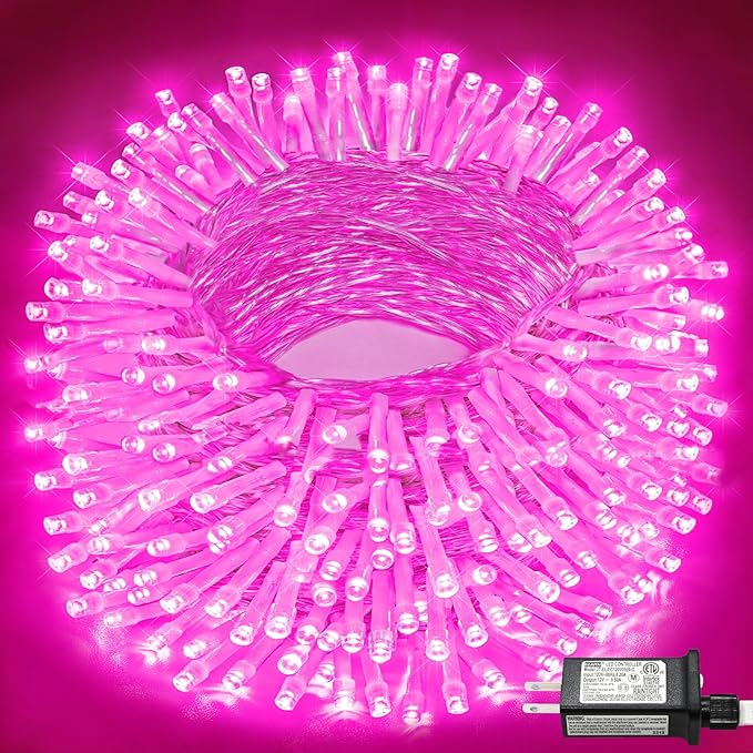 165FT 500 LED Outdoor String Lights, Plug in Christmas Lights Indoor Waterproof, 8 Modes Connectable Fairy Twinkle Lights Clear Wire for Outside Bedroom Patio Wedding Garden Party Decorations, Pink