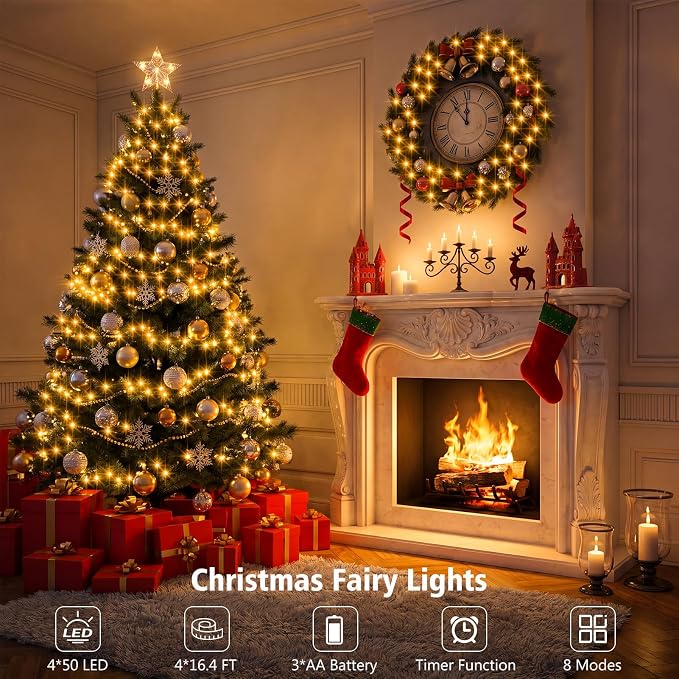 4 Pack Green Wire Fairy Lights Battery Operated Twinkle Lights | 16.4 Ft 50 LED Battery Christmas Lights Waterproof with Auto Timer 8 Modes for Xmas Wreath Tree Decor, Warm White
