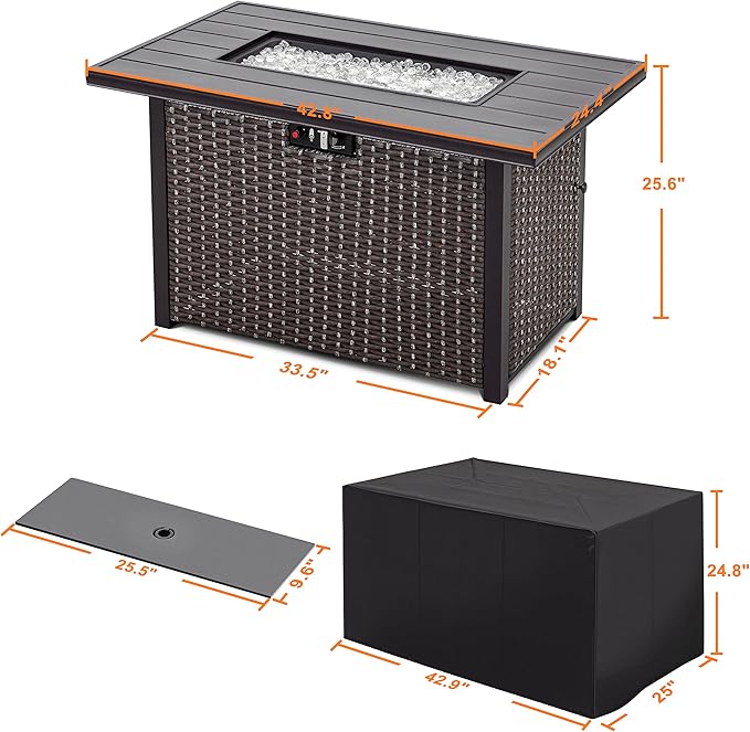 Nuu Garden 43" Propane Fire Pit Table, 50,000 BTU CSA Certified Outdoor Gas Fire Pit with Aluminum Tabletop, Removable Lid, 7 lbs Glass Rocks & Waterproof Oxford Cover, Brown