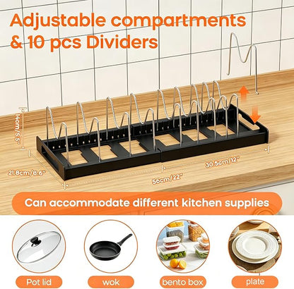 Nigelia Pots and Pans Organizer for Under Cabinet 22" Expandable Food Storage Container Lid Organizers with 10 Adjustable Dividers Pot and Pan Lid Holders Rack Inside Cabinet&Kitchen Countertop(Black)