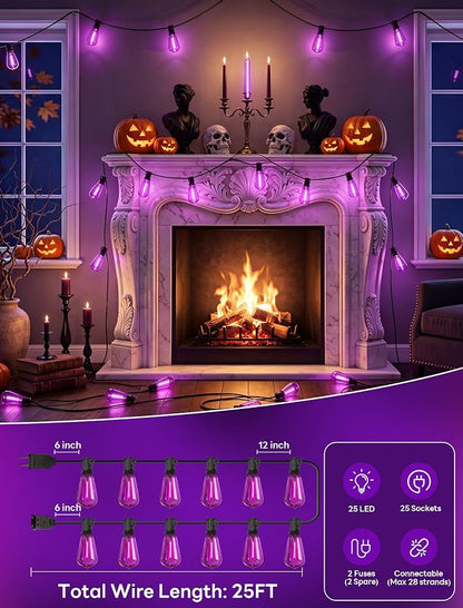 25FT Halloween Purple ST38 LED Outdoor String Lights with 25 Orange Edison Bulbs, Connectable Waterproof Hanging Patio Lights for Halloween, Thanksgiving, Backyard, Porch, Party Decor