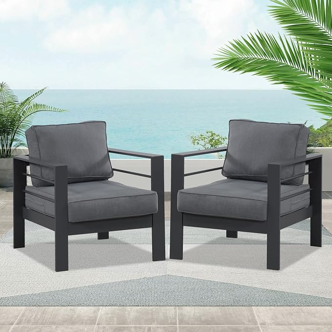 Wisteria Lane Aluminum Outdoor Sofa, 2 Pieces Patio Couch All-Weather Rust-Proof Modern Metal Patio Furniture with 5" Thick Olefin Cushions, Light Grey