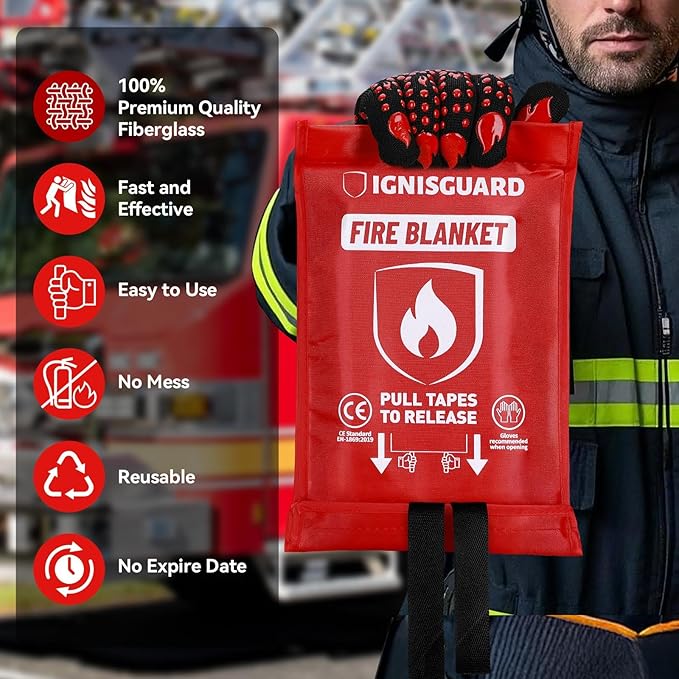 Emergency Fire Blankets for Home and Kitchen, 2-Pack 40"x40" Fiberglass Fire Suppression Blanket for Grease Fires, BBQ Grill, Camping, RV, Fireplace & Survival Safety
