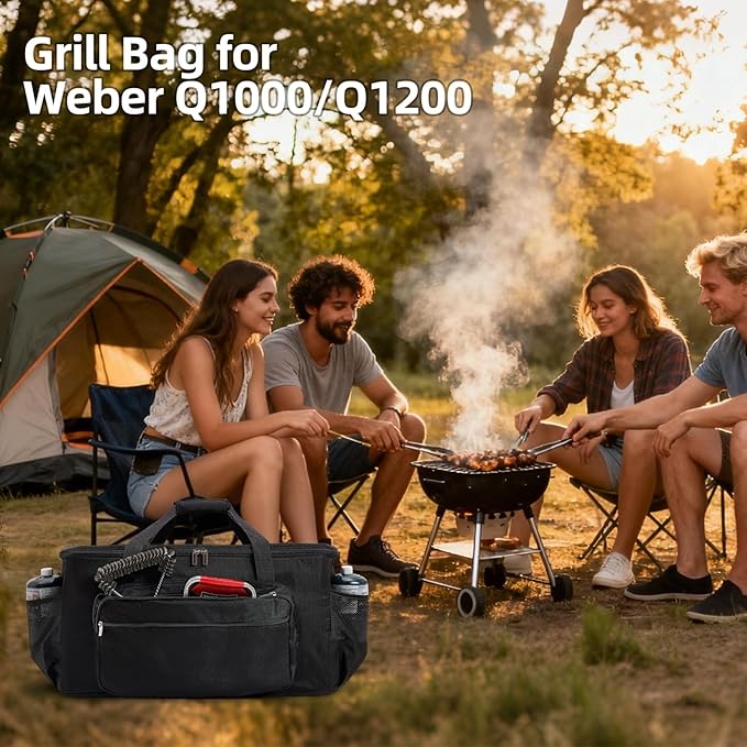 NOELIFE Grill Carry Bag for Weber Q1200 Q1000 Q1400 Liquid Propane Grill, 600D Water-Resistant Outdoor BBQ Grilling Carrying Case for Weber Q1200, Black (Bag Only)