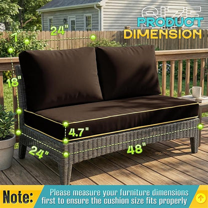 Outdoor Loveseat Cushion Set - High Back Deep Seat Patio Sofa & Back Pillows, Thick Comfort Foam 45x22 for Porch Deck Garden Furniture Replacement (Coffee Brown)