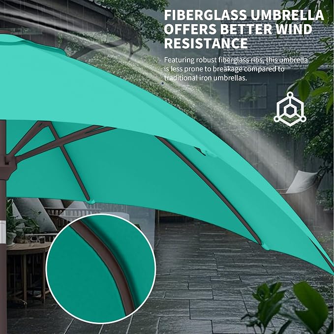 Kingdura 10FT Outdoor Patio Umbrella, Round Market Table Umbrella with Push‑Button Tilt and Crank Lift, 8 Sturdy Metal Ribs, UV50+ Protection Canopy for Backyard, Lawn, Deck, Poolside, Garden (Tiffany blue)