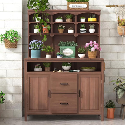 Merax 45.3" Large Outdoor Fir Wood Potting Bench with Storage, Multi-Functional Patio Kitchen Island with 6-Shelf Hutch+2 Cabinets+2 Drawers+3 Hooks, Garden Workstation for Planting, Gardening, Brown
