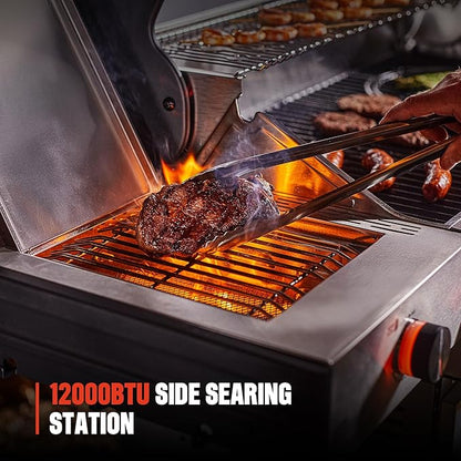 Monument Grills 6+1 Burner Smart Propane Gas Grill, Denali 605Pro Stainless Steel Grill 78,000 BTU Outdoor Barbecue Grill with Side Burner, Pizza Stone, Round Cooking Plate & Grid, Cover, Rotisserie