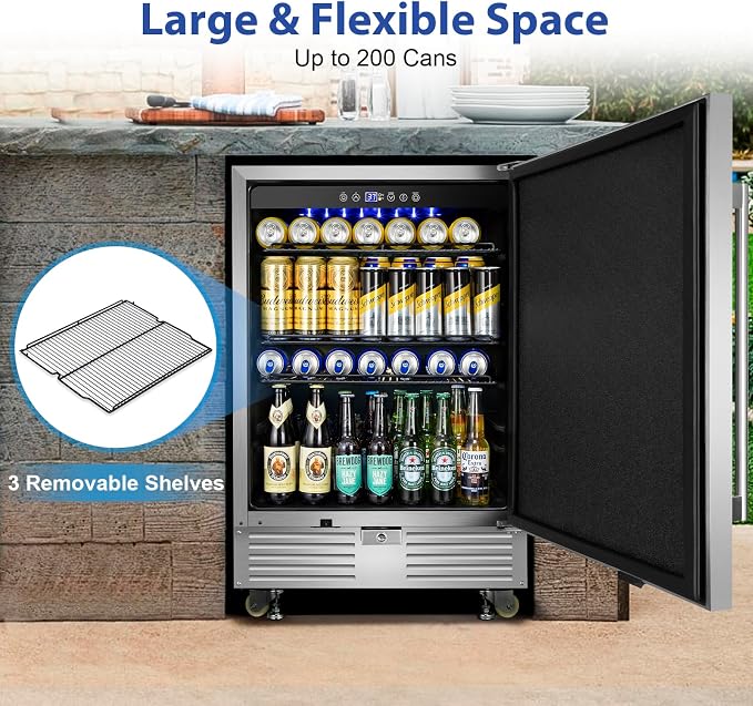 FoMup Outdoor Refrigerator 24 Inch, Undercounter Beverage Fridge with Wheels, 180 Cans Waterproof Stainless Steel Fridge for Outdoor Kitchen and Patio