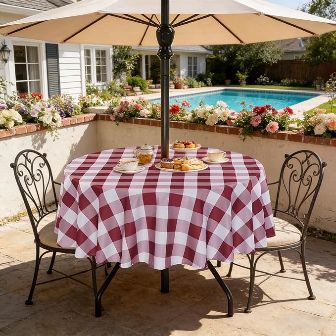 Poise3EHome Round Outdoor Tablecloth with Umbrella Hole and Zipper,Burgundy Checkered 60 Inch,SpillProof Washable Table Cloth for Spring Summer Patio Garden Poolside Picnic Camping BBQS