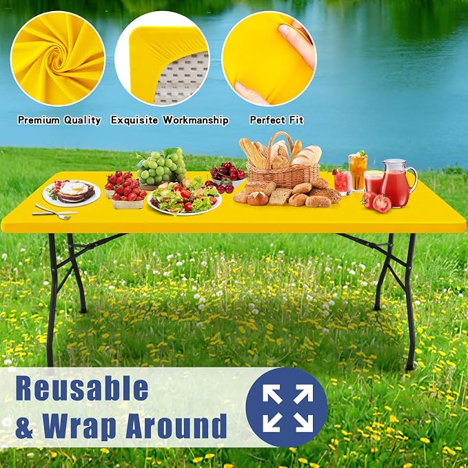 Moosfor 2 Pack Rectangle Spandex Fitted Table Cloth, 4FT Elastic Tablecloth | Washable Picnic Table Cover, Stretch Waterproof Table cloths for Party, Patio, Dining, Kitchen, 24" x 48", Yellow