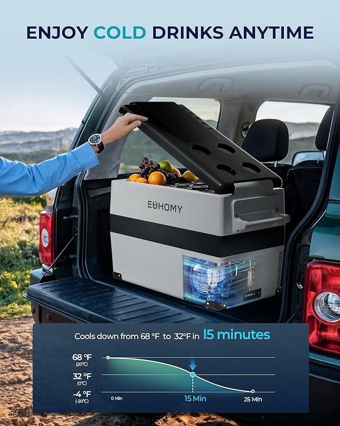 EUHOMY 12 Volt Refrigerator, 48QT(45L) Electric Cooler, 12V Fridge APP Control, 12V Cooler -4℉~68℉, Portable Freezer 12/24V DC 100-240V AC for Camping, Travel, Home,Truck