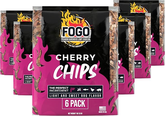 FOGO Cherry Wood Chips for Grilling and Smoking, Sweet Mellow BBQ Flavor for Charcoal and Gas Grills, Made in USA, 1.4 lb Bag, 6-Pack