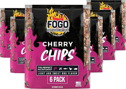 FOGO Cherry Wood Chips for Grilling and Smoking, Sweet Mellow BBQ Flavor for Charcoal and Gas Grills, Made in USA, 1.4 lb Bag, 6-Pack