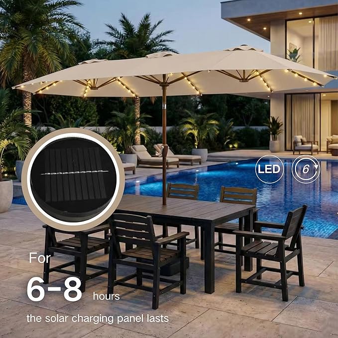 Kingdura 13ft Large Patio Umbrella with Solar Lights, Double-Sided Rectangle Outdoor Table Umbrella with Base Included, 12 Reinforced Ribs, 48 Led Lights, Crank Lift for Market Pool Deck, Beige