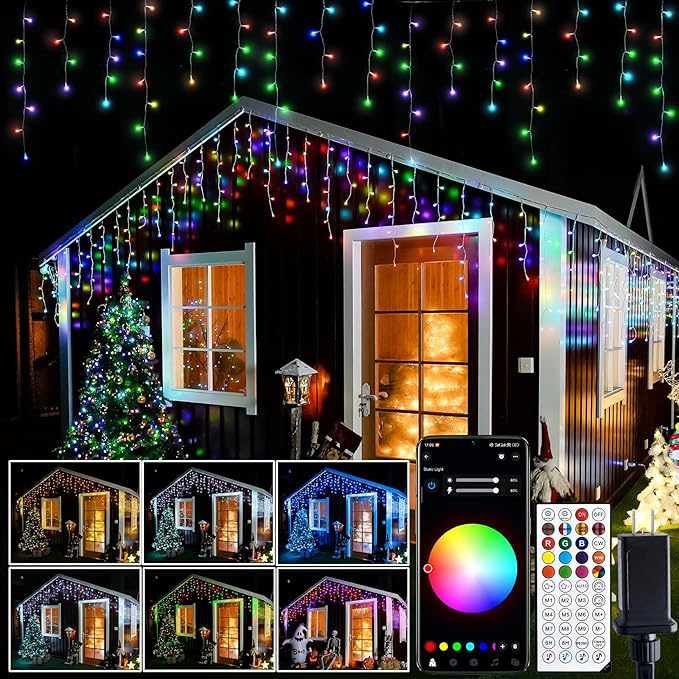 JMEXSUSS 400 LED Smart RGB Icicle Lights for Outside | Color Changing Halloween Lights Outdoor with Remote & APP, String Light Plug in for Christmas Decor