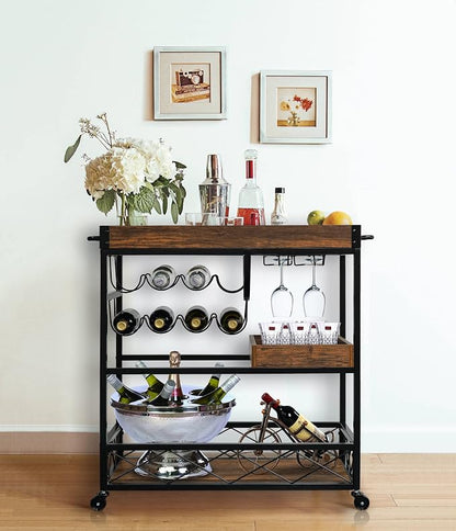Bar Cart for The Home, 3 Tire Industrial Rolling Serving Cart on Lockable Wheels, Alcoholic Beverage Trolley with 2 Removable Trays, Wine Rack and Glass Holder for Indoor, Outdoor
