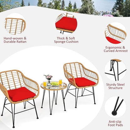 Tangkula 3 Pieces Patio Bistro Set, Rattan Conversation Set with 2 Cushioned Armchairs & Round Glass Coffee Table, Indoor Outdoor Wicker Furniture Set for Balcony, Backyard, Garden, Poolside
