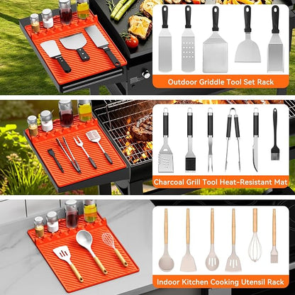 Grill Silicone Mat for Blackstone - BBQ Side Shelf Mat With Magnetic 2 PCS | Waterproof and Oil-proof,450°F Heat Resistant,Food Grade,Griddle Accessories,Spatula Utensil Storage Rack,Outdoor and Kitchen