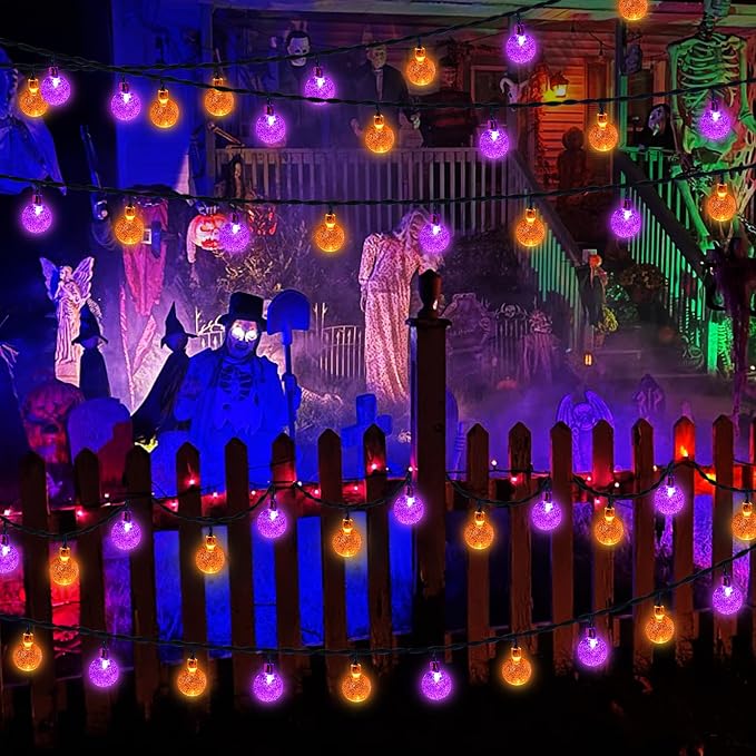 Joomer Orange Purple Halloween Solar String Light,65FT 100LED Globe Lights | with 8 Lighting Modes, Waterproof Auto On/Off Solar Powered Lights for Garden Yard Outdoor Halloween Decor