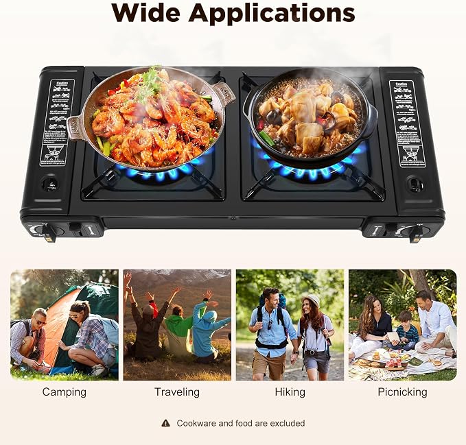 2-Burner Butane Stove, Portable Camping Stove, Automatic Ignition, Outdoor Travel Camp Stove with Carry Case & Push-Button for Camping Tailgating and Outdoor Cooking