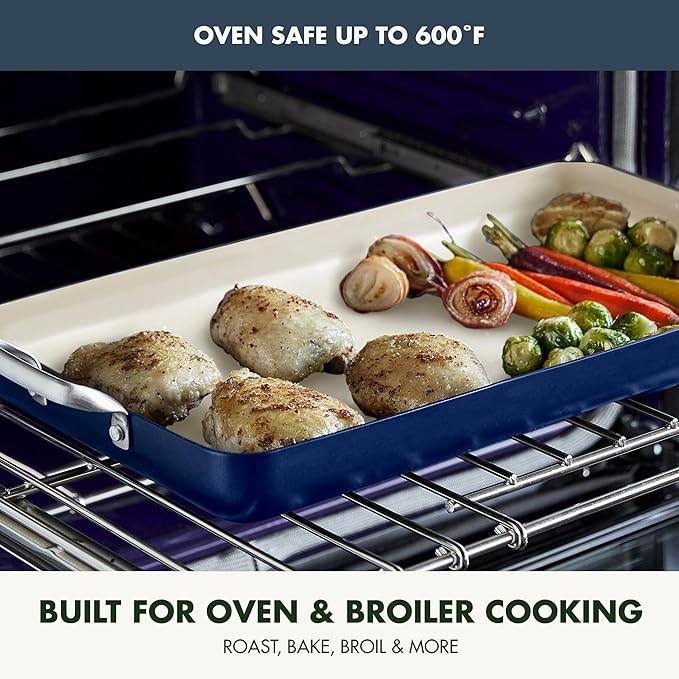 GreenPan 18" x 11" Double Burner Griddle Pan, Hard Anodized Healthy Ceramic Nonstick PFAS-Free, Stainless Steel Handles, Stovetop Cooking, Dishwasher Safe, Oven & Broiler Safe Cookware, Oxford Blue