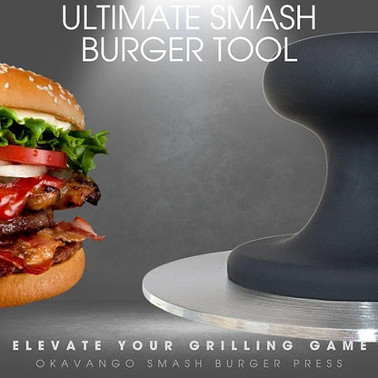 Okavango Burger Press Smash Burger Press - Hamburger Smasher Tool for Griddle & Grill Press Durable Stainless Steel Hamburger Press for Perfectly Cooked Smash Burgers - Burger Smasher (Black)