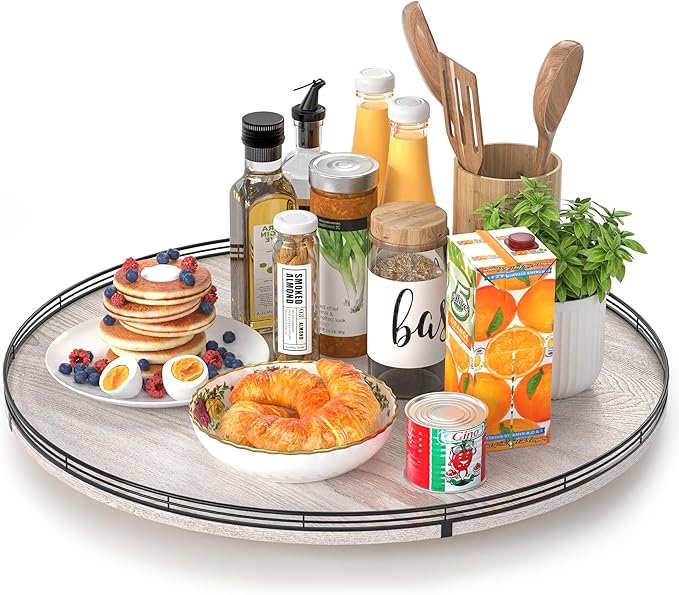 AMH 24-Inch Whitewashed Farmhouse Wooden Lazy Susan Organizer | Smooth rotating oak tray with walnut finish for dining tables, kitchen counters, pantries and cabinet storage.