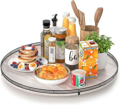 AMH 24-Inch Whitewashed Farmhouse Wooden Lazy Susan Organizer | Smooth rotating oak tray with walnut finish for dining tables, kitchen counters, pantries and cabinet storage.