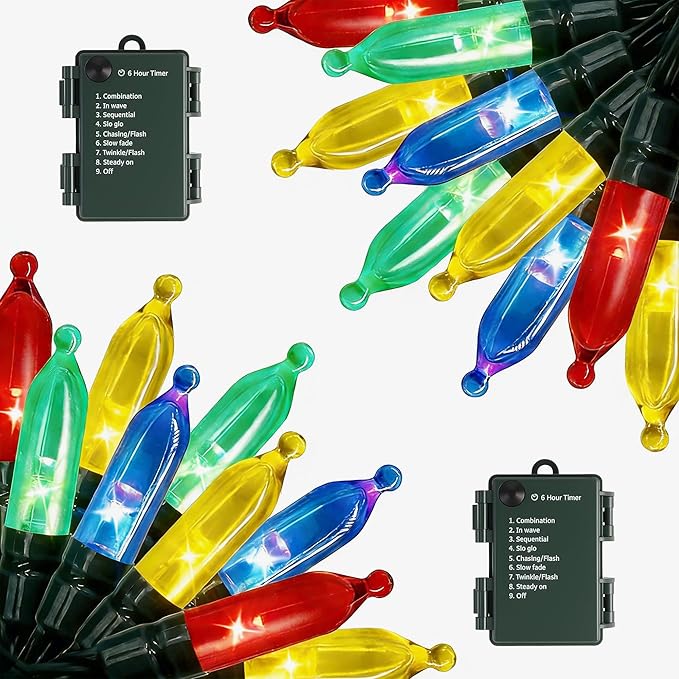 Battery Operated String Lights - 2 Pack Total 33ft 100 LEDs Multicolor Christmas Lights with Timer, 8 Modes Waterproof Twinkle Lights for Indoor Outdoor Xmas Tree Wreath Party Holiday Decorations