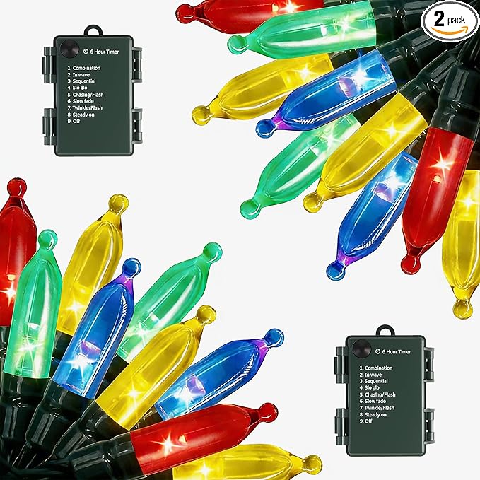 Battery Operated String Lights - 2 Pack Total 33ft 100 LEDs Multicolor Christmas Lights with Timer, 8 Modes Waterproof Twinkle Lights for Indoor Outdoor Xmas Tree Wreath Party Holiday Decorations