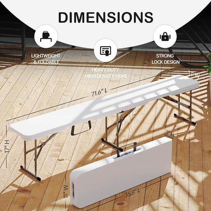 VSOAEIL 6 Foot Folding Bench, 6 FT Foldable Plastic Bench Indoor & Outdoor | 6 Feet Portable Bench Seating with Handle and HDPE Tabletop - Party, Dining, Picnic, Camping, Sports, Temporary Events, White