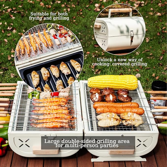 Portable Charcoal Grills With Lid, Small Folding Tabletop Grill, 14.95*10.04 Inch Compact Barbecue, Both-side Grate for Outdoor Cooking Camping, Picnics, Backyard, Balcony (With eight-piece set and s