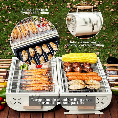 Portable Charcoal Grills With Lid, Small Folding Tabletop Grill, 14.95*10.04 Inch Compact Barbecue, Both-side Grate for Outdoor Cooking Camping, Picnics, Backyard, Balcony (With eight-piece set and s