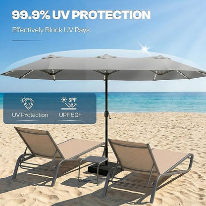 15FT Large Outdoor Patio Umbrella with Solar Lights and Base, Double-Sided Table Umbrellas with 48 LED Lights, Rectangle Market Umbrella for Pool, Deck, Backyard