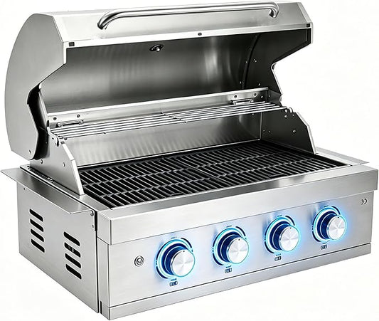 Gas Grill Built-In Head, 28-Inch 4-Burner Propane Grill, Natural Gas Convertible, Heavy Duty 304 Stainless Steel 48,400BTUs Outdoor Kitchen Island Family Cooking