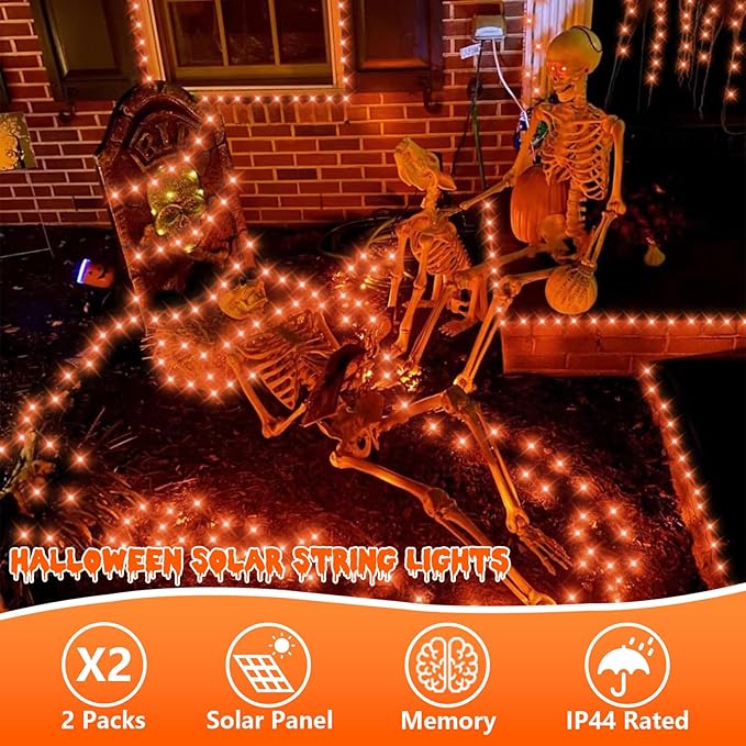 QITONG Orange Solar String Lights, 2 Pack Each 66ft 200 LED Solar Fairy Lights Outdoor Waterproof, Green Wire Twinkle Light with 8 Modes for Outside