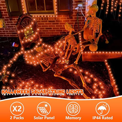 QITONG Orange Solar String Lights, 2 Pack Each 66ft 200 LED Solar Fairy Lights Outdoor Waterproof, Green Wire Twinkle Light with 8 Modes for Outside