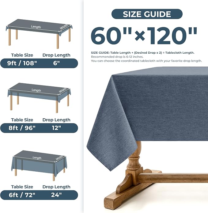 Decorelia Faux Linen Tablecloth for Dining Room, 60 x 120 Inch (10-12 Seats), Denim Blue