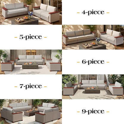 PaPaJet 5-Piece Wicker Patio Furniture Set with Solid Wood Armrest, Outdoor Patio Set with Thick Legs, UV-Resistant Modular Outdoor Sectional Sofa for Backyard, Porch, Garden
