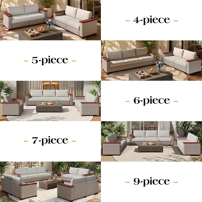 PaPaJet Outdoor Patio Sofa, 3 Seat Wicker Couch with Solid Armrests & Legs, 4.7" Thickened Removable Cushions, UV-Resistant Modular Sofa for Porch, Backyard, Garden