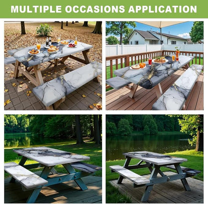 FOREVER QUEEN Picnic Table Cover with Bench Covers 72in,Waterproof Windproof Fitted Tablecloth,White Marble with Gold Veins Camping Essentials with Drawstring Bag for Patio,Park & Backyard