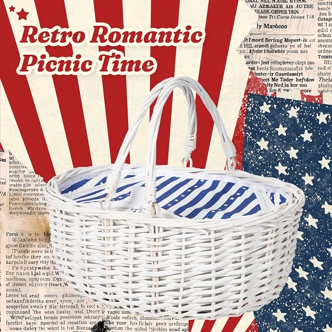 Wicker Picnic Basket 15"x11"x7" Insulated Liner Blue White Stars | Insulated Zip Liner Helps Keep Drinks and Snacks Cool, Sturdy Woven Basket Suits Parks, Camping, Holidays and Gift Giving