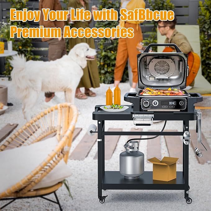 SafBbcue Grill Table for Ninja, Grill Stand for Ninja Woodfire OG700 OG800 OG900 Series & OO101, Portable Outdoor Grill Stand, Foldable Cart Table with Wheels for Ninja, Double-shelf, Hooks