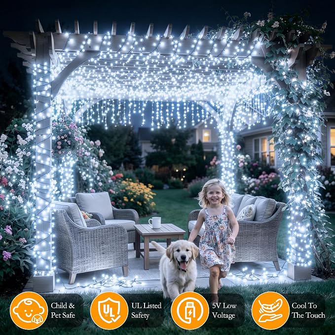 66FT 200 LED White Fairy Lights, Dark Green Wire 8 Modes Timer, IP44 Waterproof Outdoor Indoor String Lights for Patio Garden Backyard Bedroom Classroom Weeding Christmas Decor
