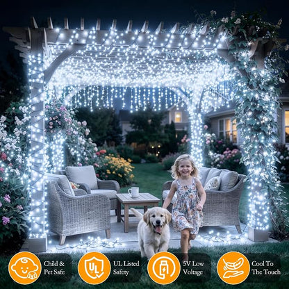 66FT 200 LED White Fairy Lights, Dark Green Wire 8 Modes Timer, IP44 Waterproof Outdoor Indoor String Lights for Patio Garden Backyard Bedroom Classroom Weeding Christmas Decor