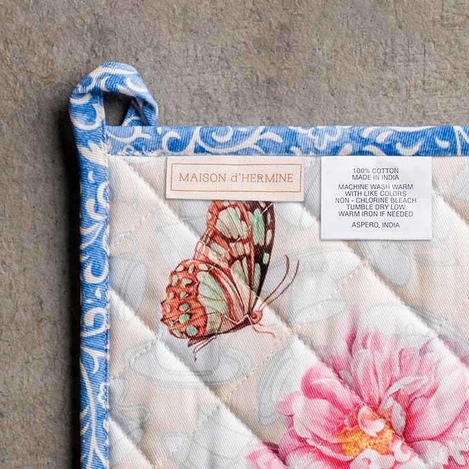 Maison d' Hermine 100% Cotton Oven Mitt & Pot Holder Set (7.5"x13" & 8"x8") Heat Resistant BBQ Cooking Gloves with Loop Baking Grilling Kitchen Hotel Home Farmhouse Spring Summer (Canton)