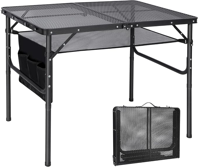 Folding Grill Table,Aluminum Portable Grill Stand Table for Outdoor Camping Picnic BBQ Lightweight, Adjustable Height, 36''x24''x16/28'', Black