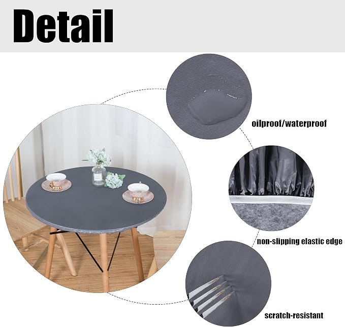 LUSHVIDA Round Waterproof Table Cover Elastic Vinyl Fitted Tablecloth Elastic Edged Plastic Table Cloth (Silver Grey, Best for Up to 45"-56" Round)
